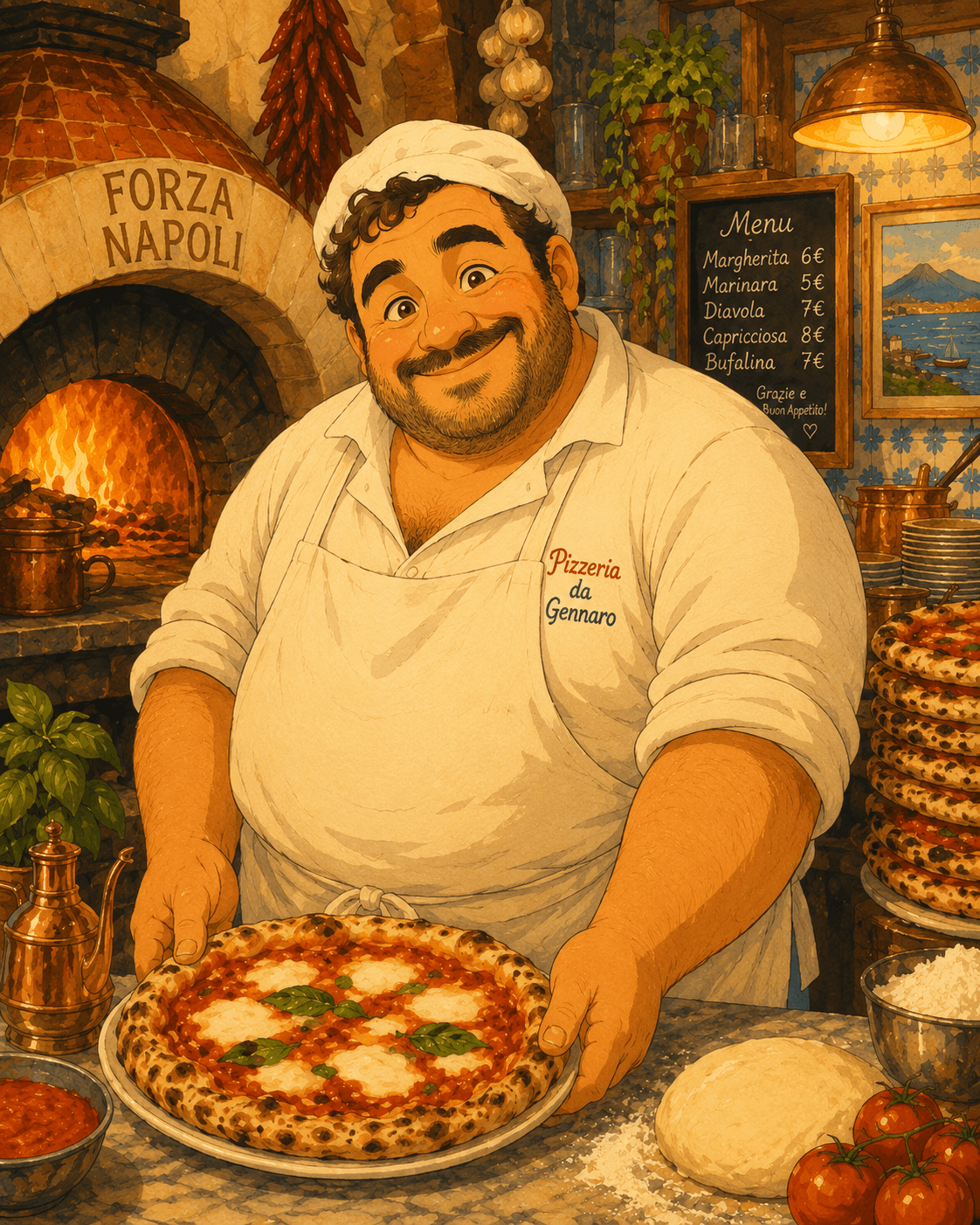 Pizzaiolo Pizza Jean-Jean préparant une pizza margherita devant le four à bois napolitain